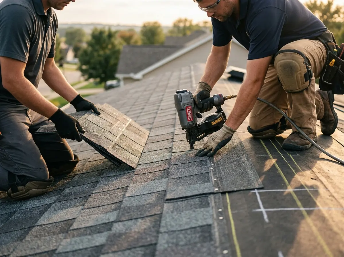 Professional roofer working on a residential roof in East Whittier